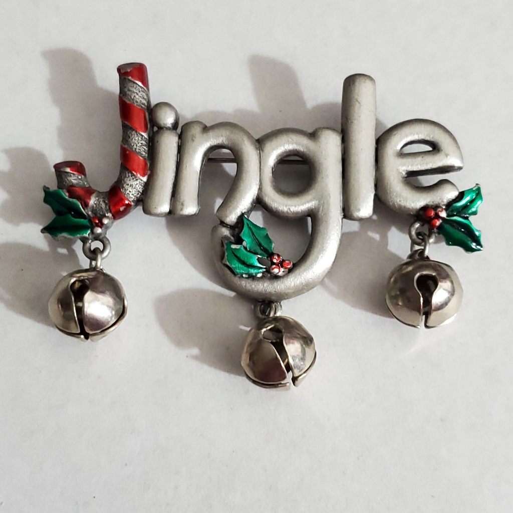 Vintage Jingle Brooch Pin J.J. Jonette Christmas Bells Silver Pewter Vtg Gift